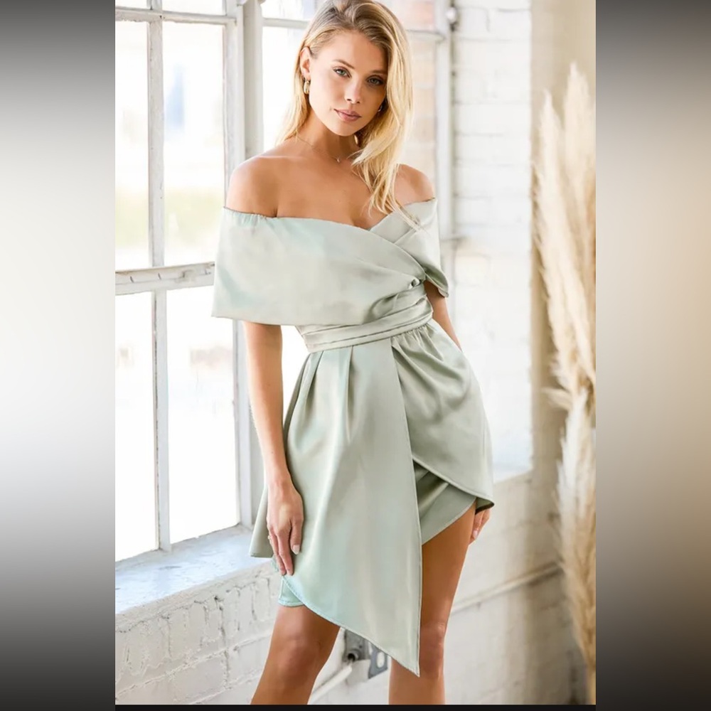 Off-Shoulder Satin Wrap Asymetric Mini Dress Sage - Like New